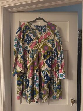 Floral Patchwork Mini Dress in Pink, Blue & Green